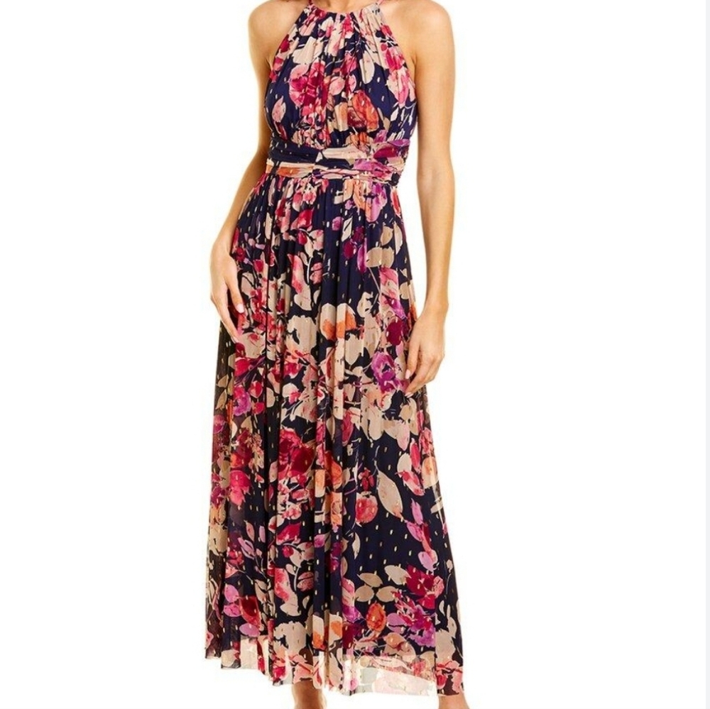 LONDON TIMES Halter Ruched Waist Maxi Dress - Navy/coral 8P